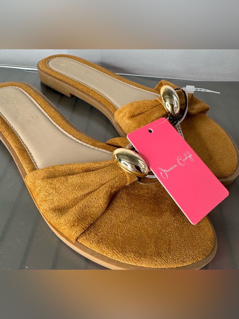 Tan Suede Slide-on Sandals with tie Gold Accent summer boho spring fall sz 8.5?